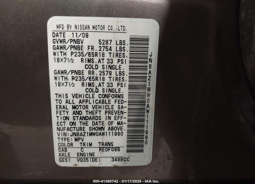 2010 NISSAN MURANO SL VIN: JN8AZ1MW0AW111990