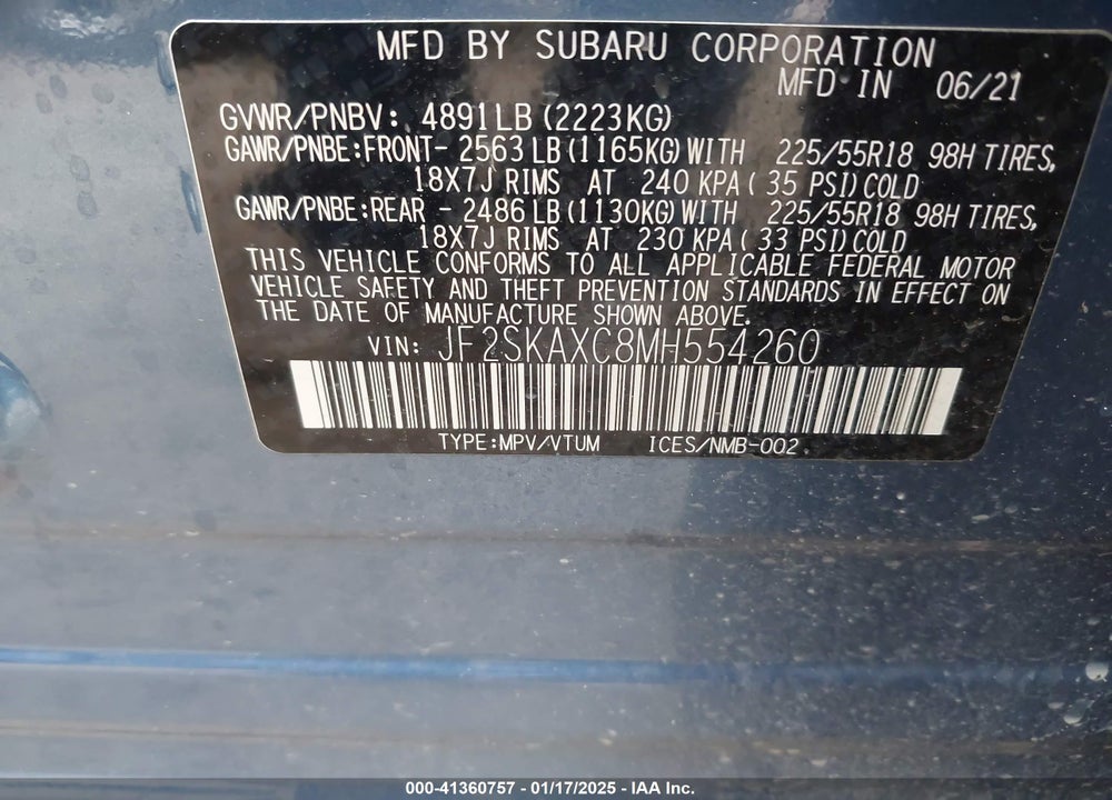 2021 SUBARU FORESTER VIN: JF2SKAXC8MH554260