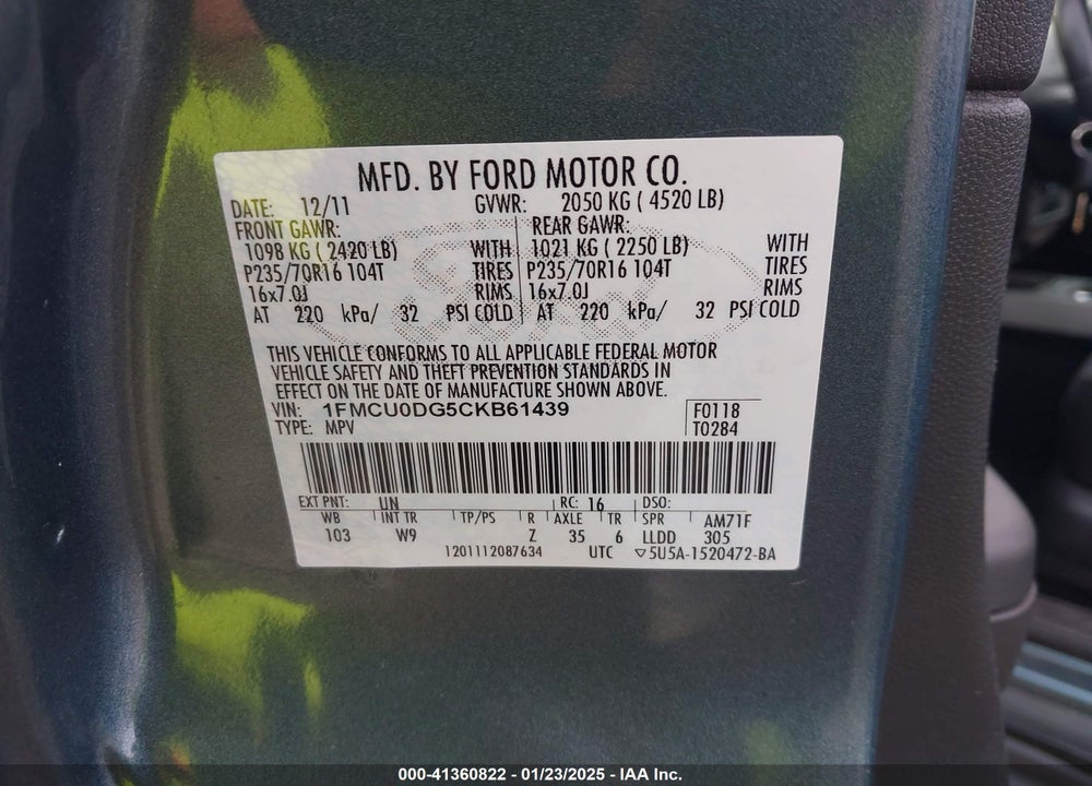 2012 FORD ESCAPE XLT VIN: 1FMCU0DG5CKB61439