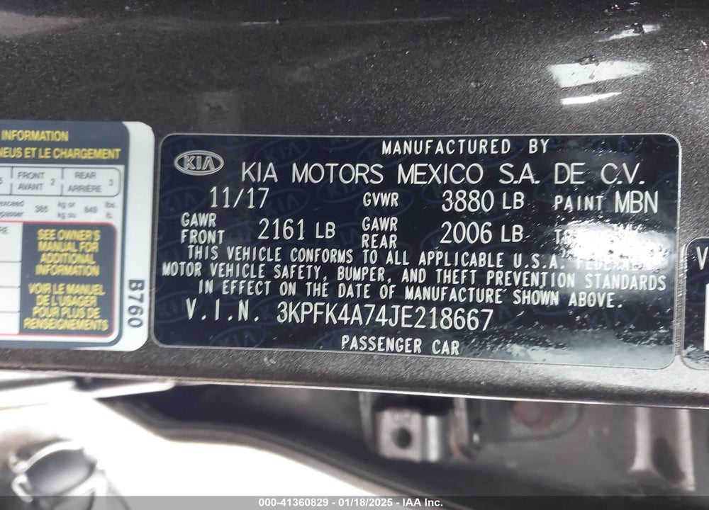 2018 KIA FORTE VIN: 3KPFK4A74JE218667
