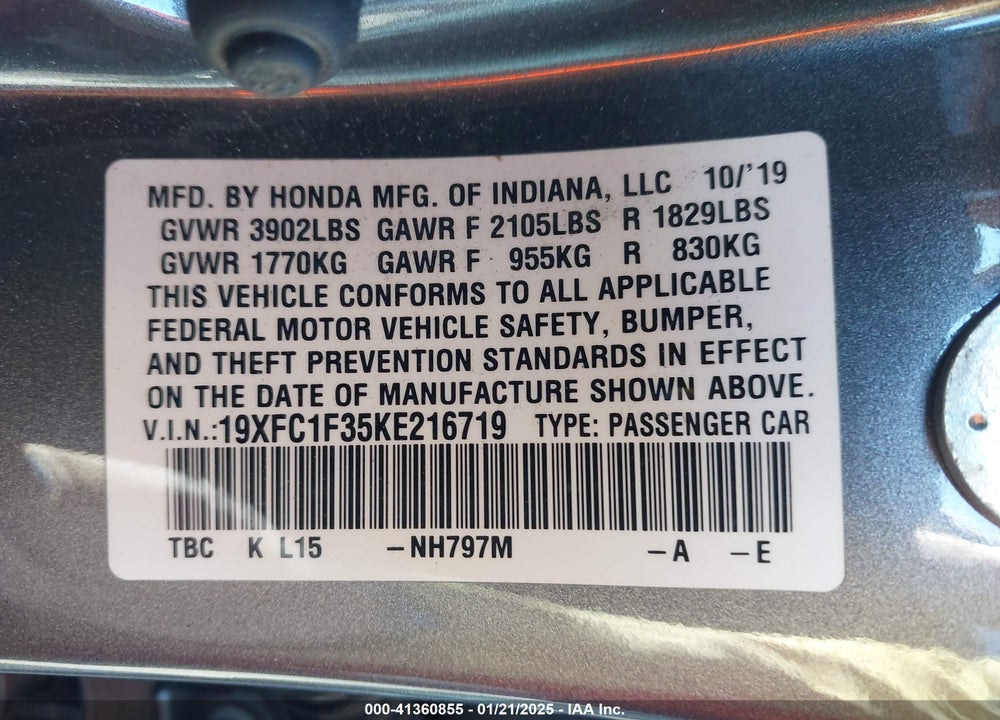 2019 HONDA CIVIC VIN: 19XFC1F35KE216719