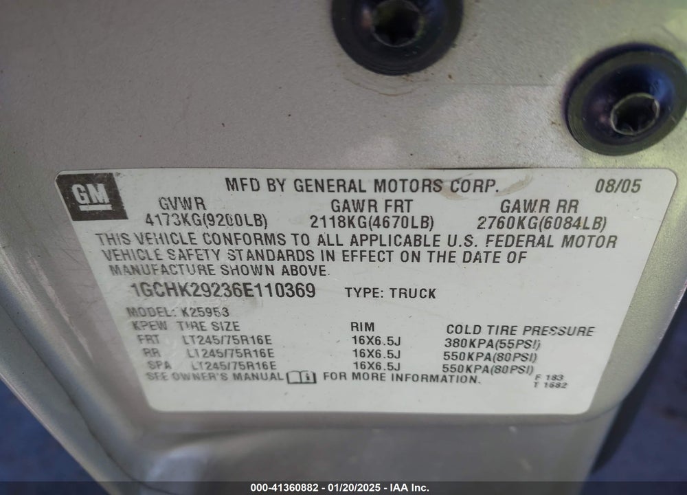2006 CHEVROLET SILVERADO 2500HD VIN: 1GCHK29236E110369