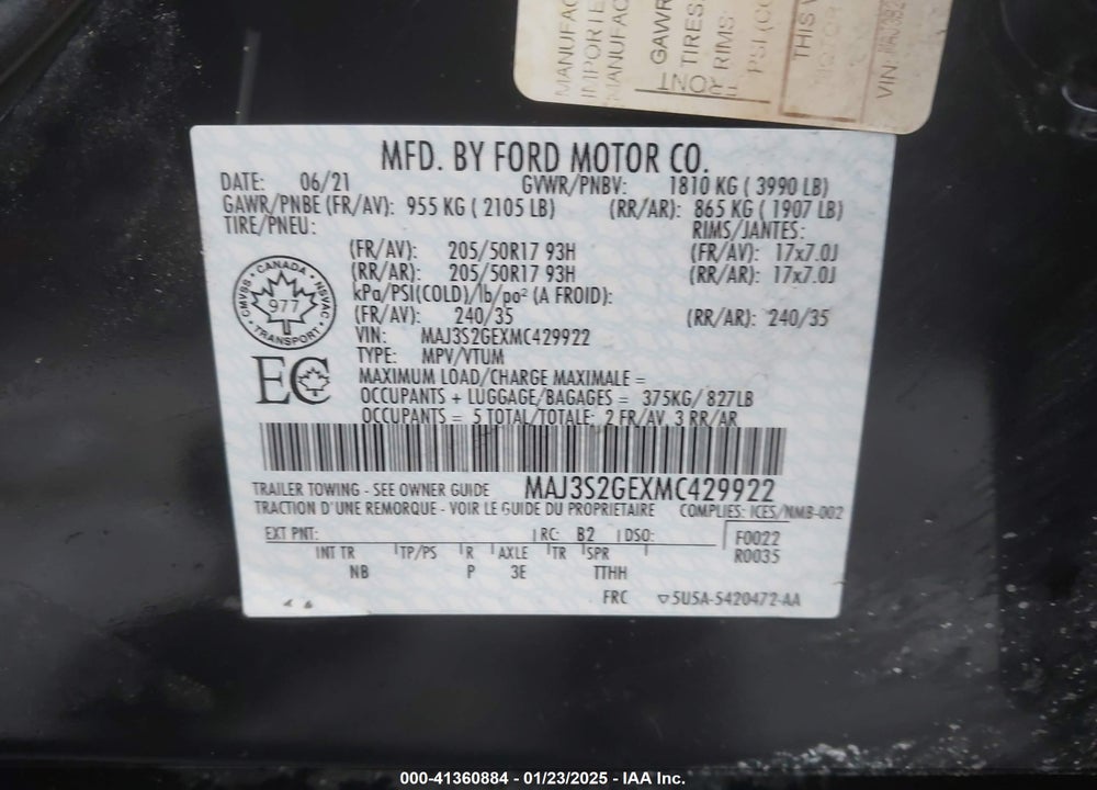 2021 FORD ECOSPORT SE VIN: MAJ3S2GEXMC429922