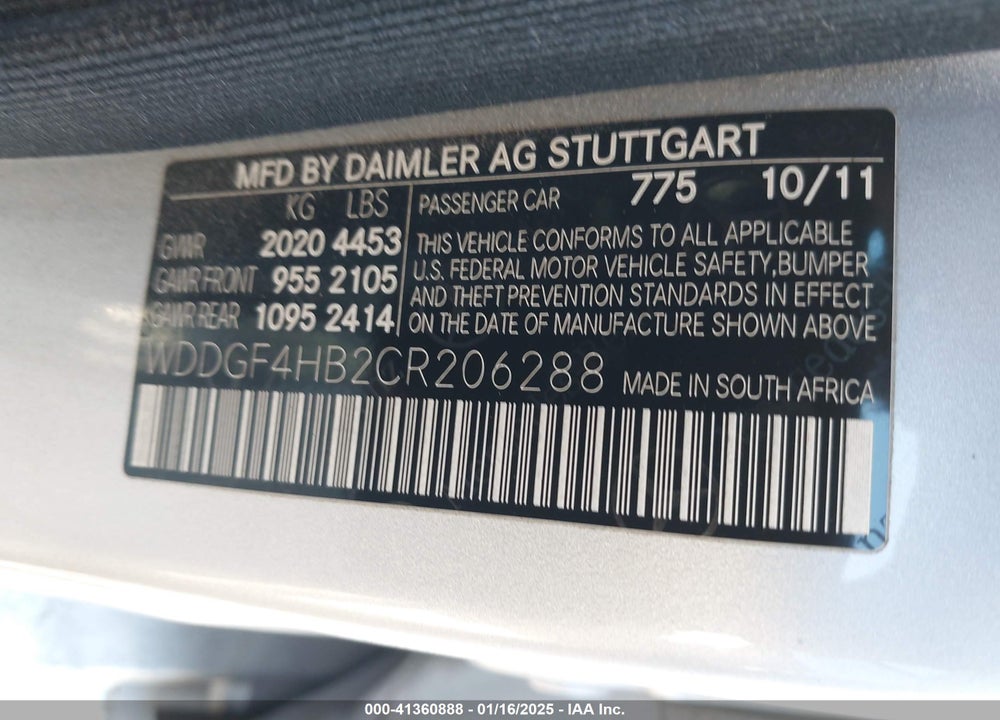 2012 MERCEDES-BENZ C 250 VIN: WDDGF4HB2CR206288