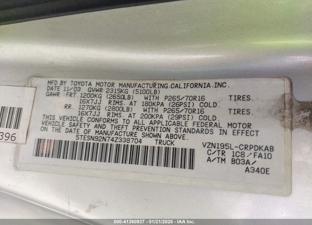 2004 TOYOTA TACOMA PRERUNNER V6 VIN: 5TESN92N74Z338704