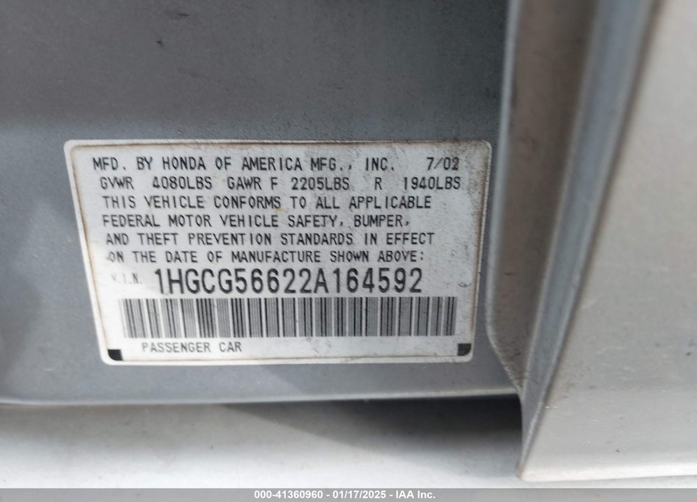 2002 HONDA ACCORD 2.3 EX VIN: 1HGCG56622A164592