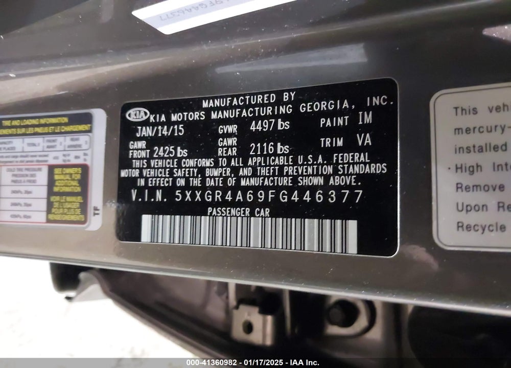 2015 KIA OPTIMA SX TURBO VIN: 5XXGR4A69FG446377