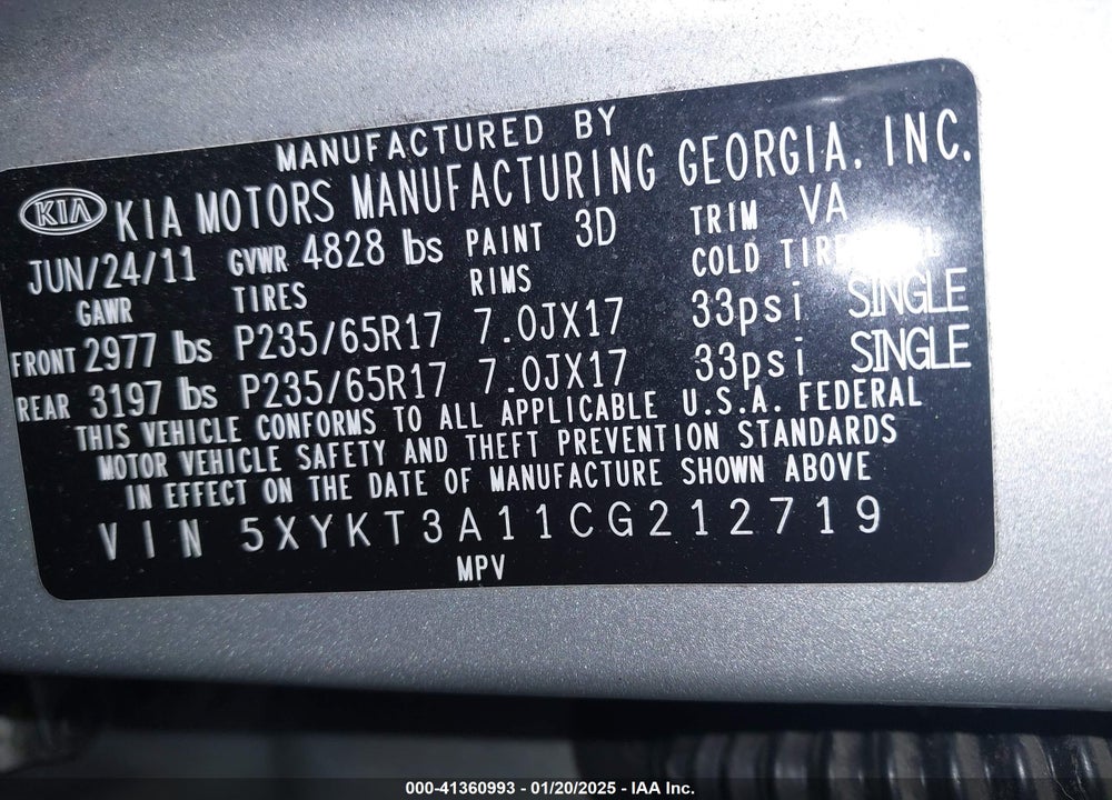 2012 KIA SORENTO LX VIN: 5XYKT3A11CG212719