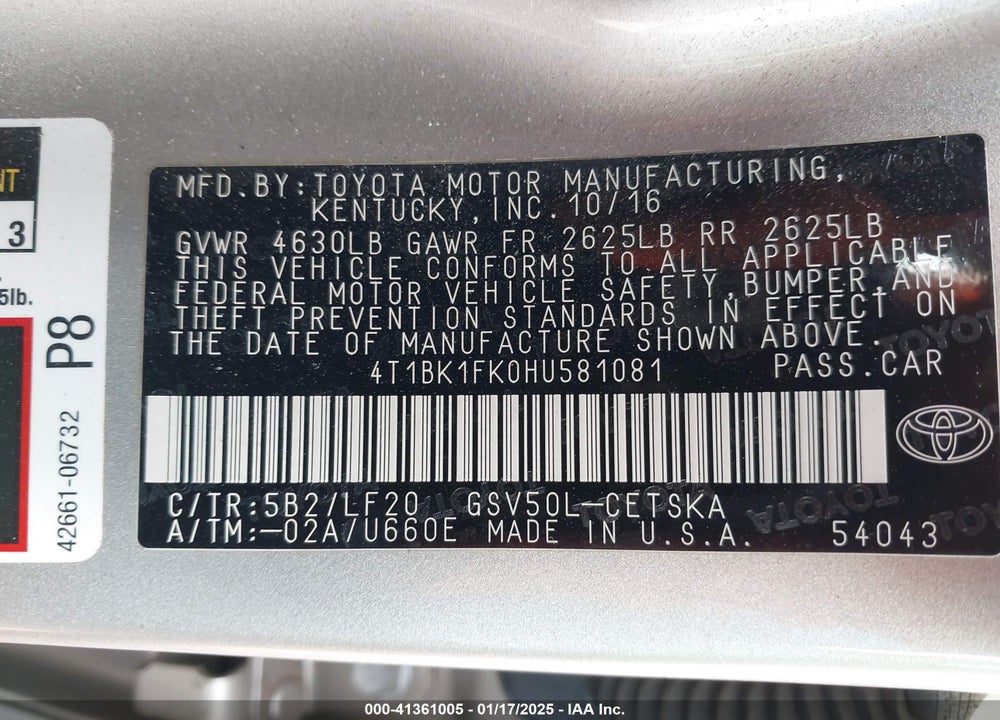 2017 TOYOTA CAMRY VIN: 4T1BK1FK0HU581081