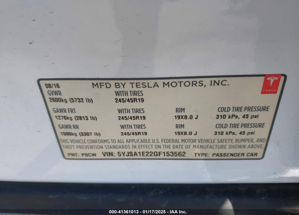 2016 TESLA MODEL S VIN: 5YJSA1E22GF153562