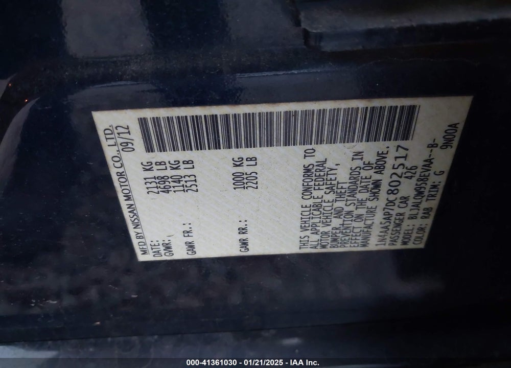 2013 NISSAN MAXIMA 3.5 S VIN: 1N4AA5AP7DC802517