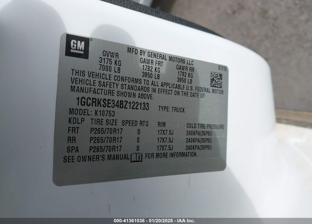 2011 CHEVROLET SILVERADO 1500 VIN: 1GCRKSE34BZ122133