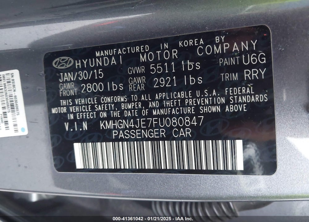 2015 HYUNDAI GENESIS 3.8 VIN: KMHGN4JE7FU080847