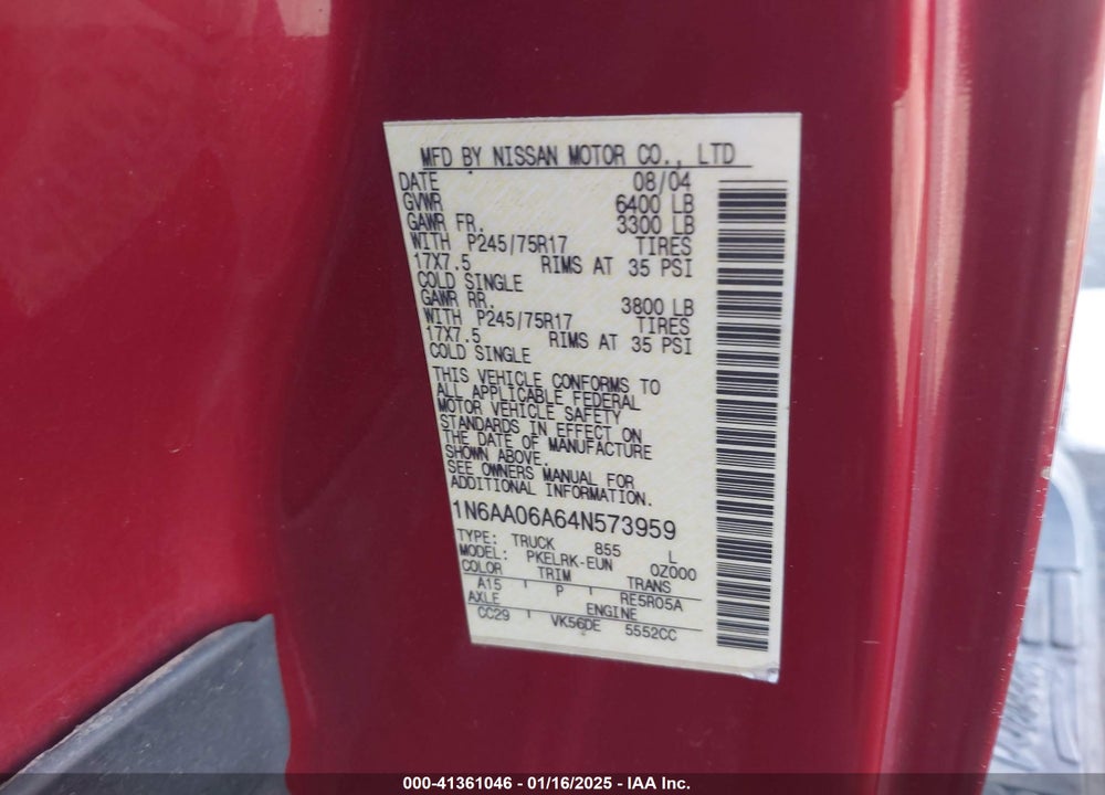2004 NISSAN TITAN XE VIN: 1N6AA06A64N573959
