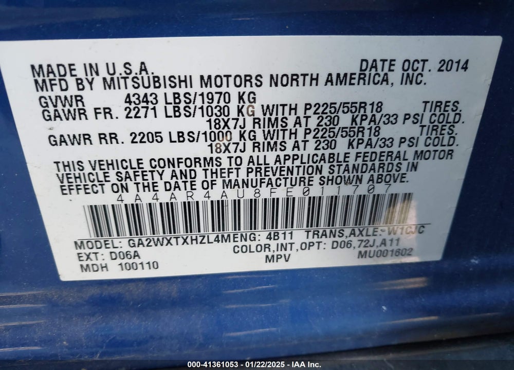2015 MITSUBISHI OUTLANDER SPORT SE VIN: 4A4AR4AU8FE011707
