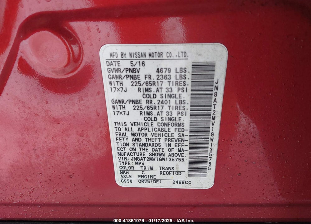 2016 NISSAN ROGUE S VIN: JN8AT2MV1GW135755
