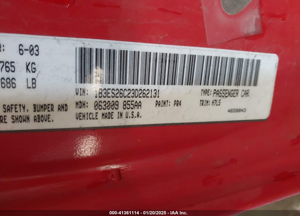 2003 DODGE NEON SE VIN: 1B3ES26C23D262131