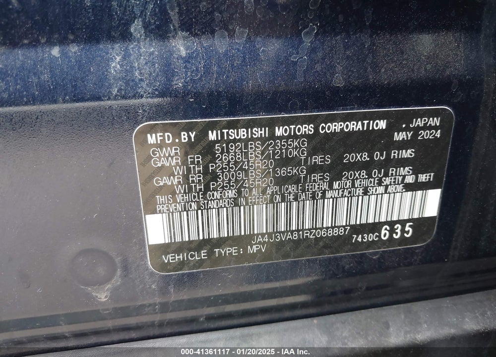 2024 MITSUBISHI OUTLANDER SE 2.5 2WD/SE BLACK EDITION S-AWC/SE BLACK EDITION W/PANO ROOF S-AWC VIN: JA4J3VA81RZ068887