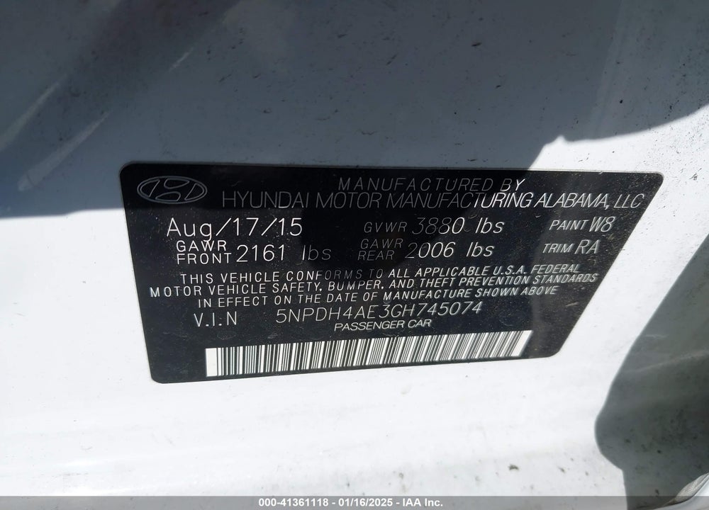 2016 HYUNDAI ELANTRA SE VIN: 5NPDH4AE3GH745074