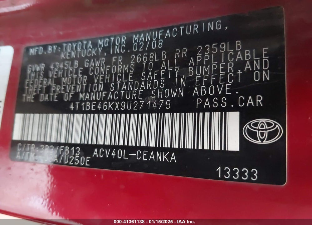 2009 TOYOTA CAMRY VIN: 4T1BE46KX9U271479