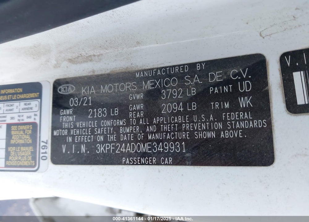 2021 KIA FORTE VIN: 3KPF24AD0ME349931