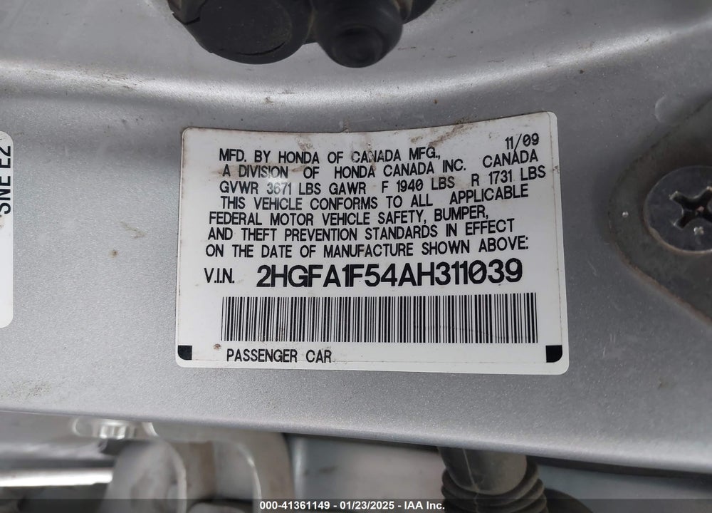 2010 HONDA CIVIC VIN: 2HGFA1F54AH311039