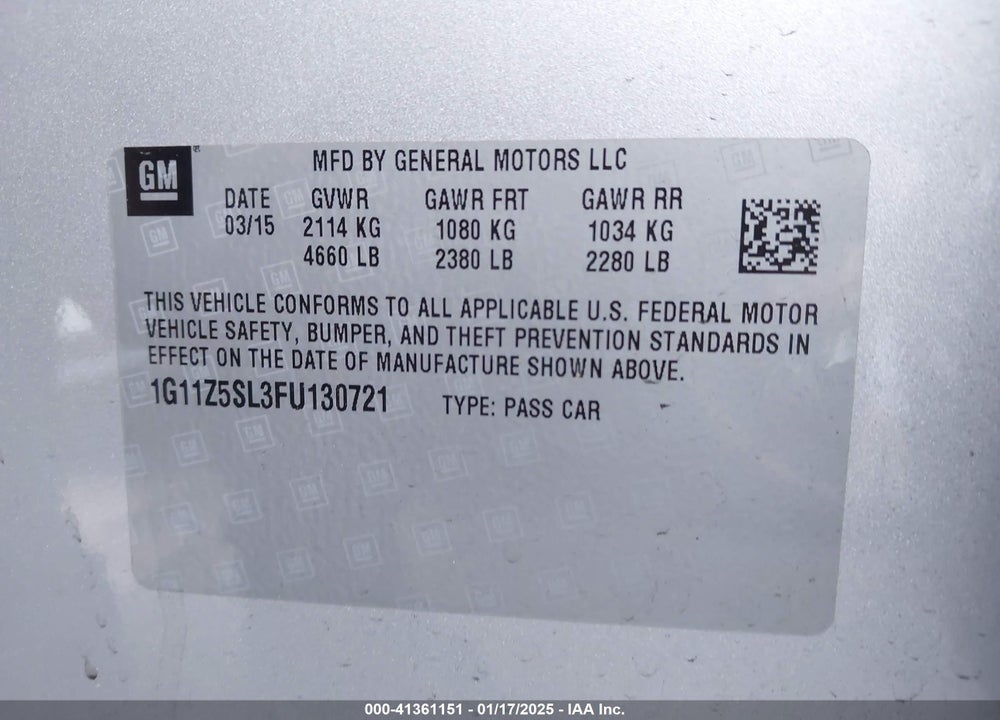 2015 CHEVROLET IMPALA VIN: 1G11Z5SL3FU130721