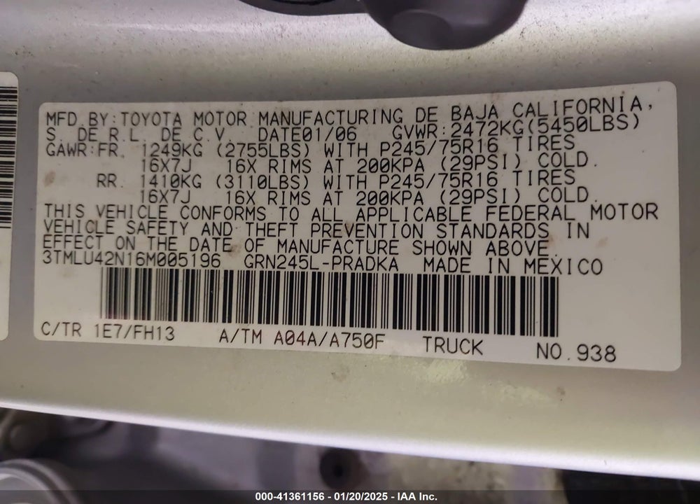 2006 TOYOTA TACOMA BASE V6 VIN: 3TMLU42N16M005196