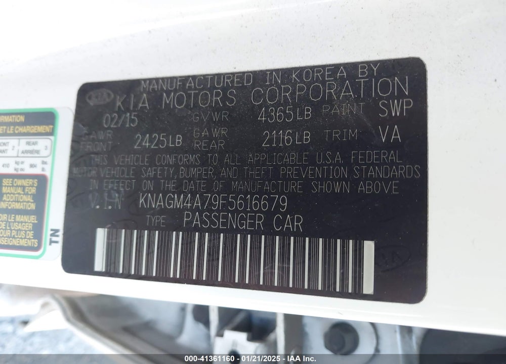 2015 KIA OPTIMA LX VIN: KNAGM4A79F5616679
