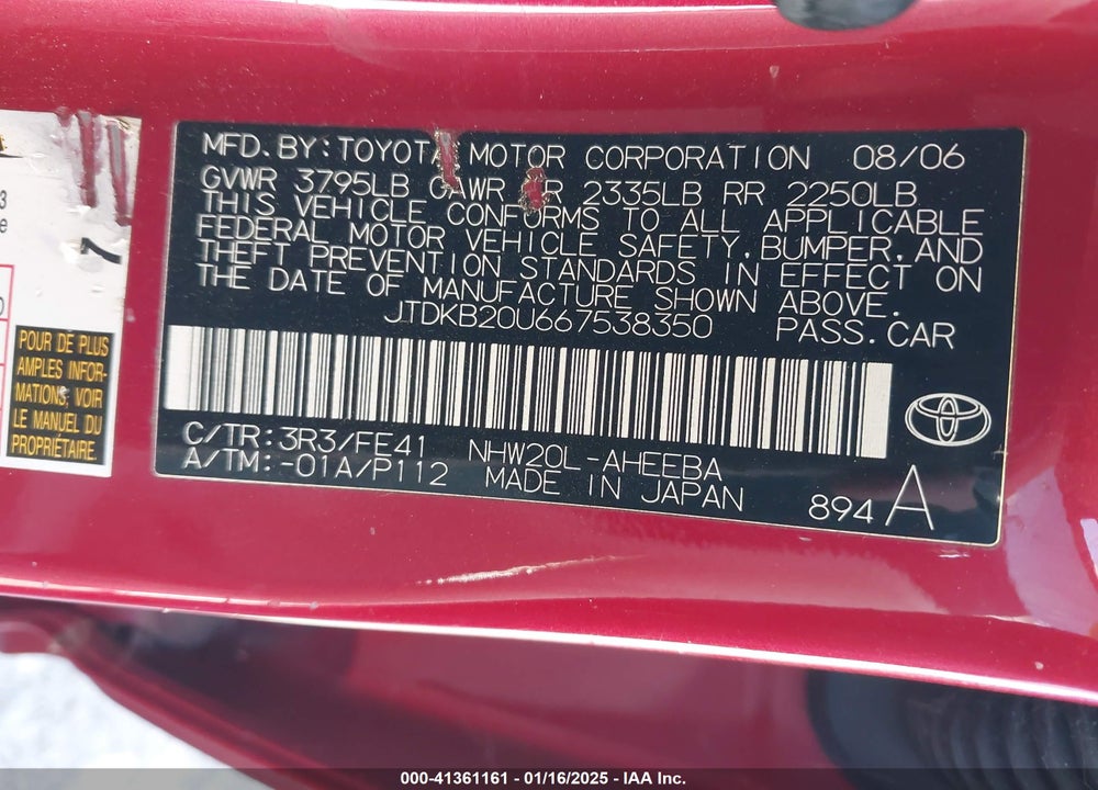 2006 TOYOTA PRIUS VIN: JTDKB20U667538350