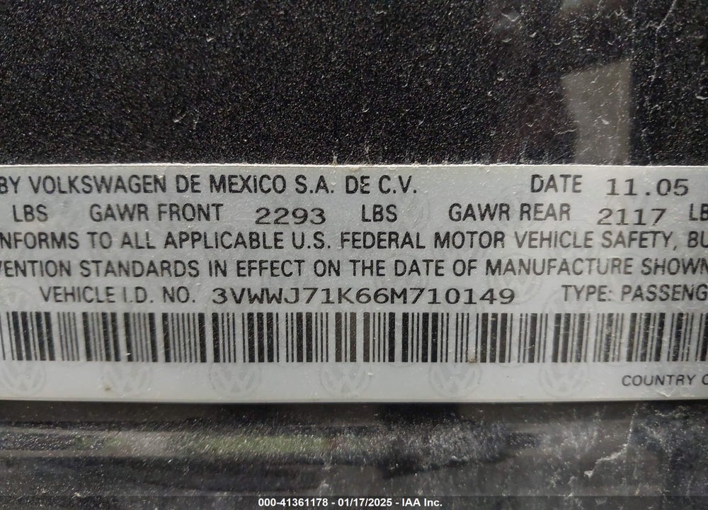 2006 VOLKSWAGEN JETTA VIN: 3VWWJ71K66M710149