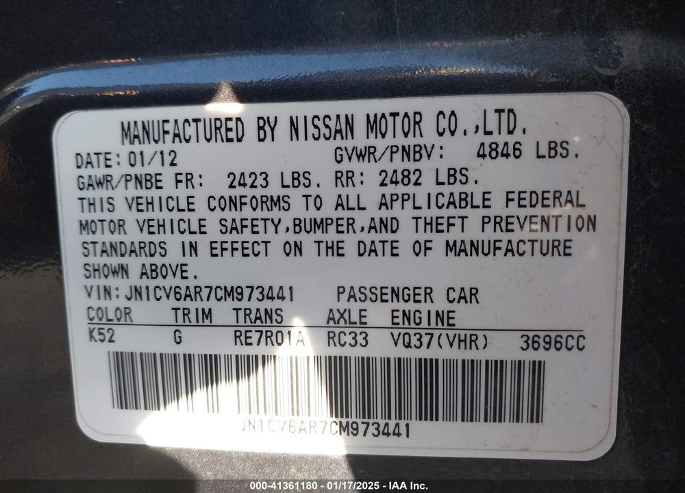 2012 INFINITI G37X VIN: JN1CV6AR7CM973441