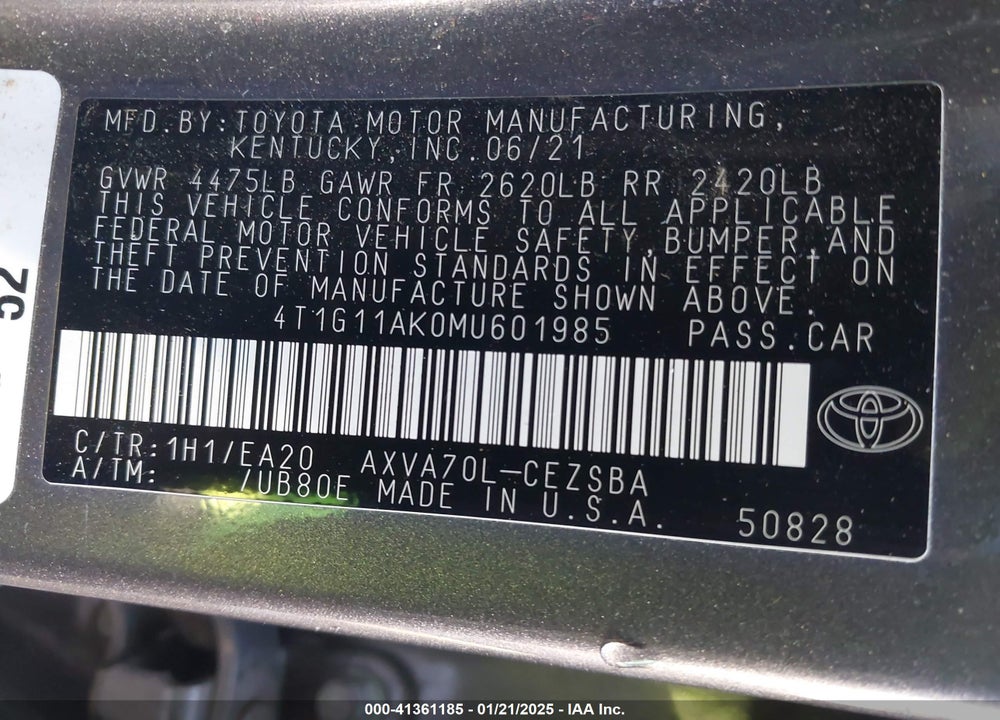 2021 TOYOTA CAMRY SE VIN: 4T1G11AK0MU601985