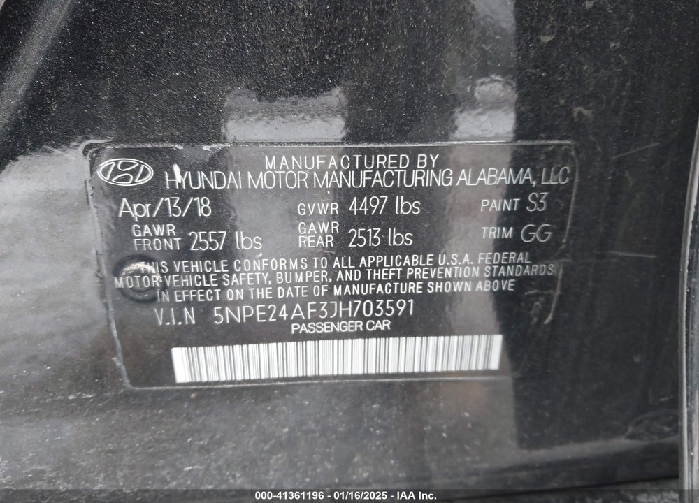2018 HYUNDAI SONATA SE VIN: 5NPE24AF3JH703591