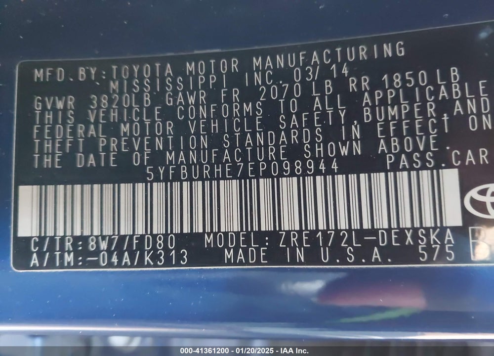 2014 TOYOTA COROLLA S PLUS VIN: 5YFBURHE7EP098944