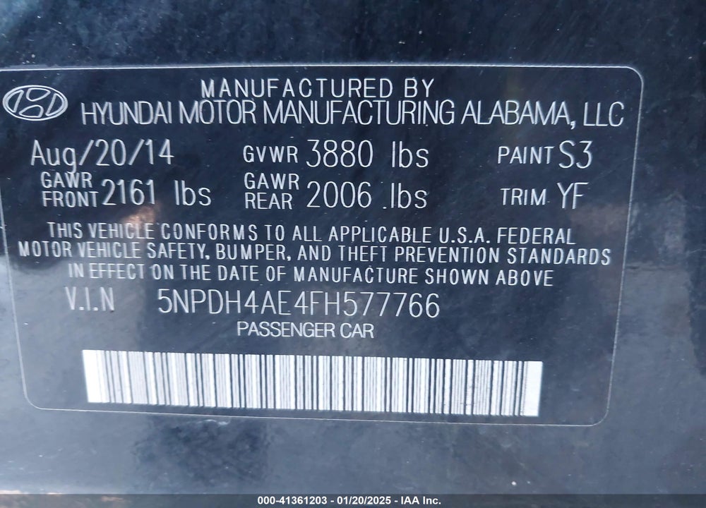 2015 HYUNDAI ELANTRA SE VIN: 5NPDH4AE4FH577766