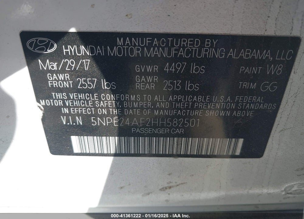 2017 HYUNDAI SONATA VIN: 5NPE24AF2HH582501
