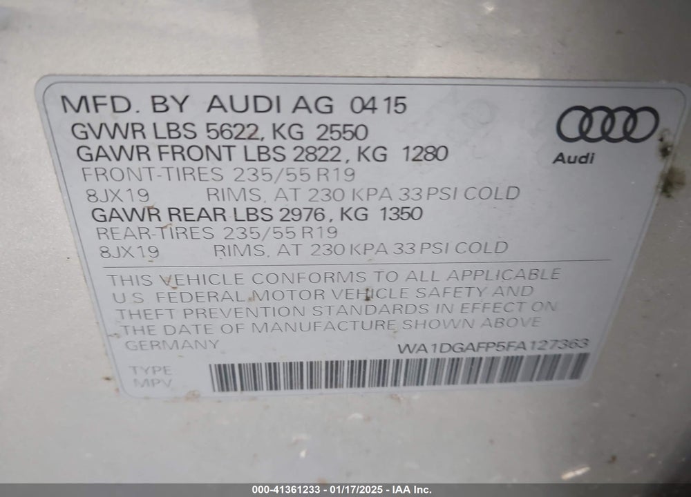 2015 AUDI Q5 3.0T PREMIUM PLUS VIN: WA1DGAFP5FA127363