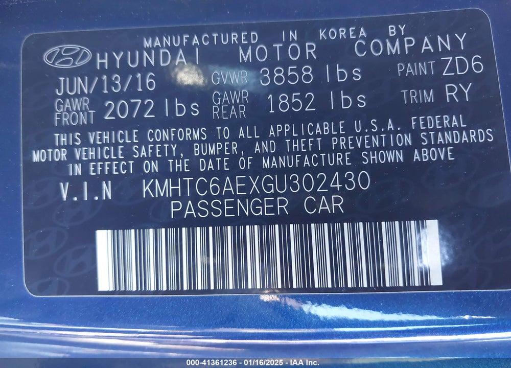 2016 HYUNDAI VELOSTER TURBO VIN: KMHTC6AEXGU302430