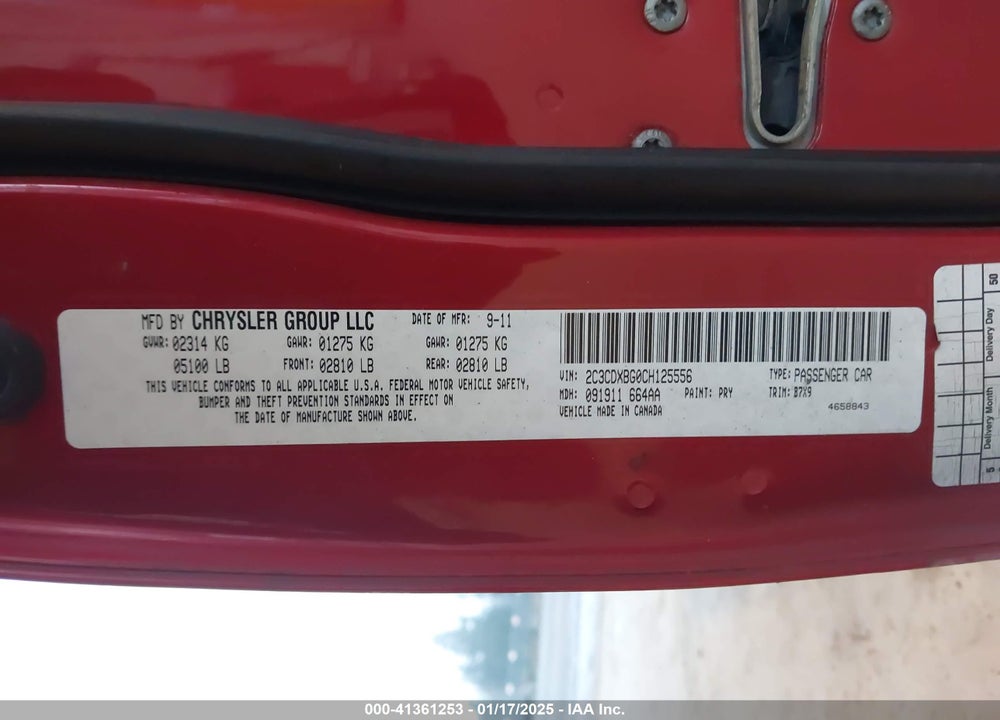 2012 DODGE CHARGER VIN: 2C3CDXBG0CH125556