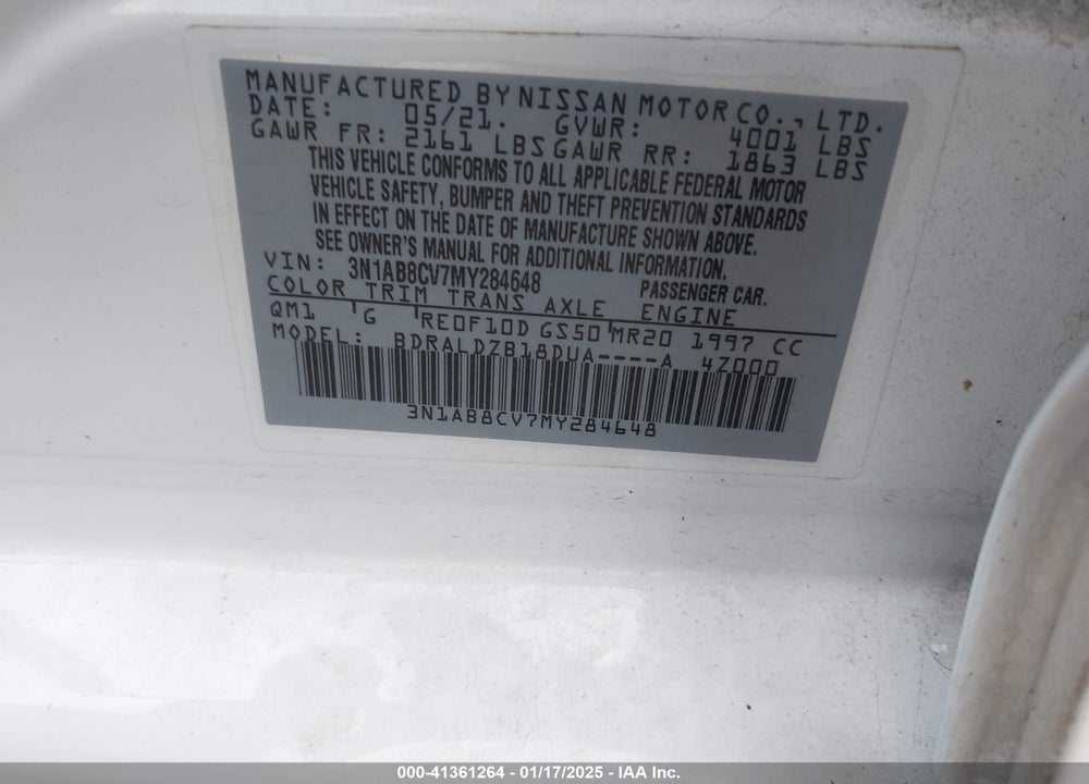 2021 NISSAN SENTRA SV XTRONIC CVT VIN: 3N1AB8CV7MY284648