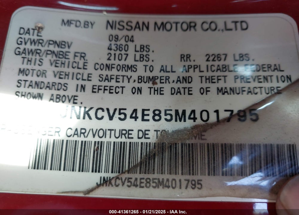 2005 INFINITI G35 VIN: JNKCV54E85M401795