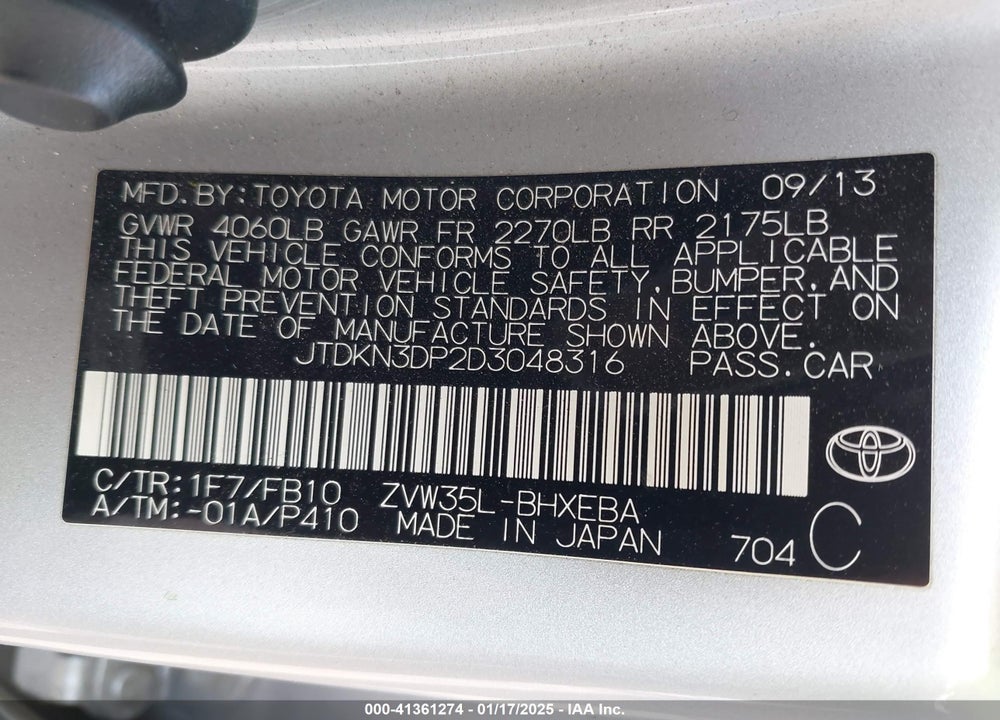 2013 TOYOTA PRIUS PLUG-IN VIN: JTDKN3DP2D3048316