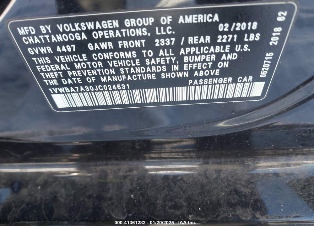 2018 VOLKSWAGEN PASSAT VIN: 1VWBA7A30JC024531