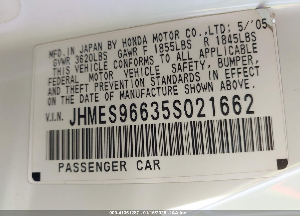2005 HONDA CIVIC HYBRID VIN: JHMES96635S021662
