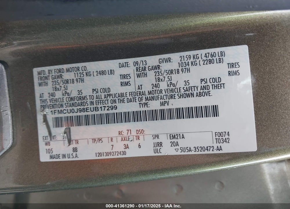 2014 FORD ESCAPE TITANIUM VIN: 1FMCU0J98EUB17299