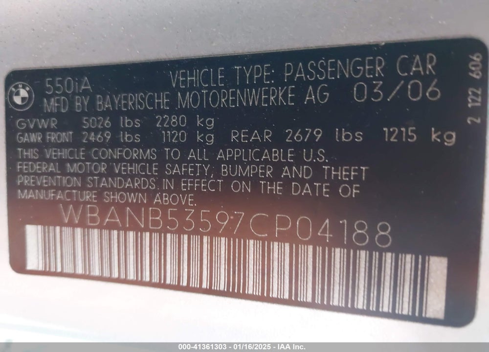 2007 BMW 550I VIN: WBANB53597CP04188