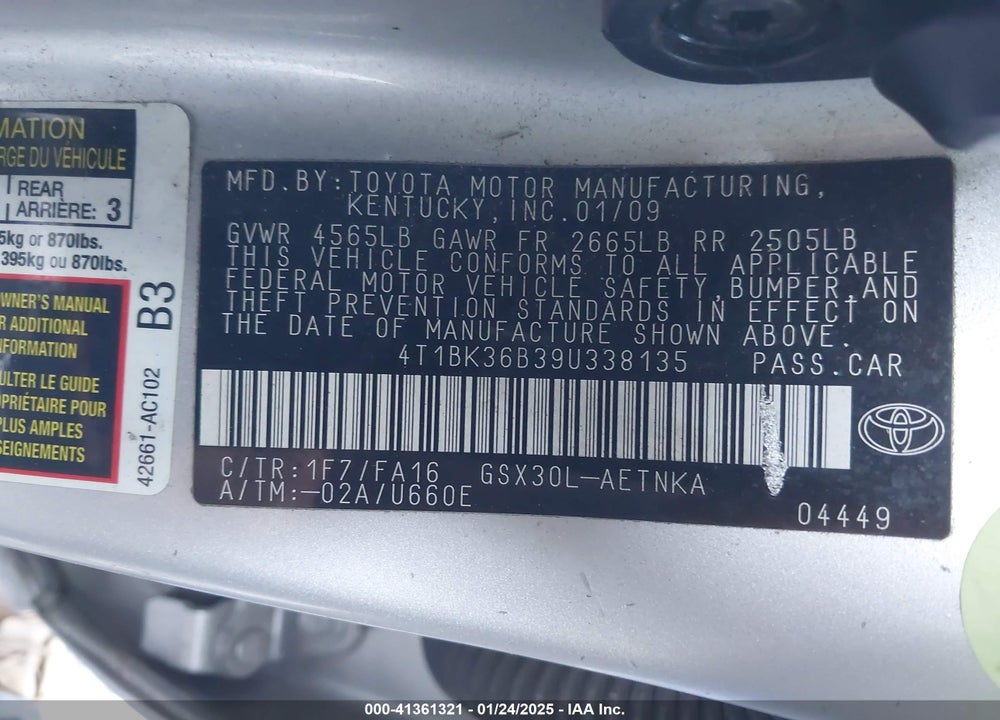 2009 TOYOTA AVALON VIN: 4T1BK36B39U338135