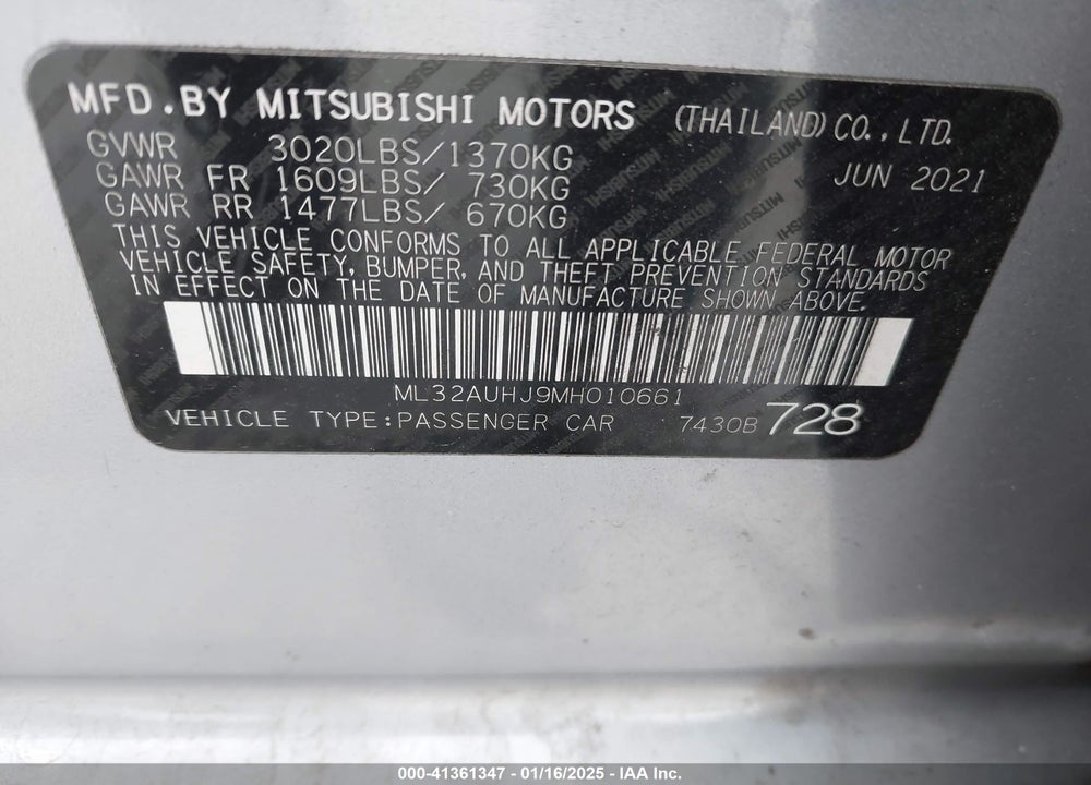 2021 MITSUBISHI MIRAGE VIN: ML32AUHJ9MH010661