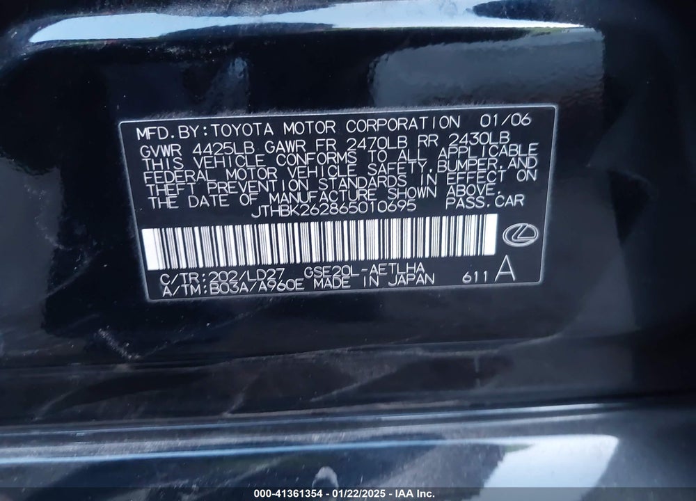 2006 LEXUS IS 250 VIN: JTHBK262865010695